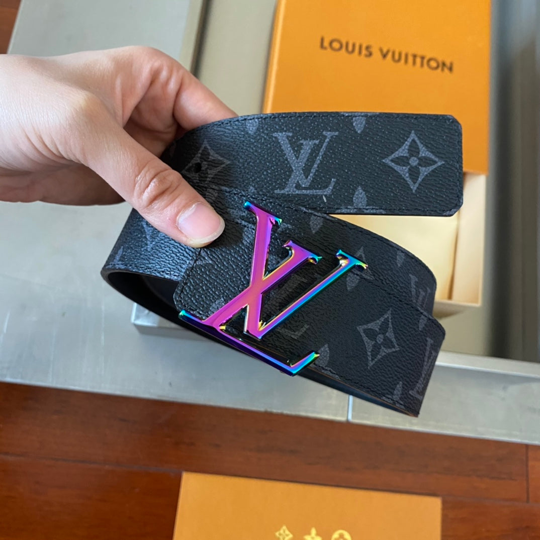 Louis Vuitton Men's LV Initials 40mm Belt Monogram Eclipse with Neon Pink and Blue Gradient Buckle
