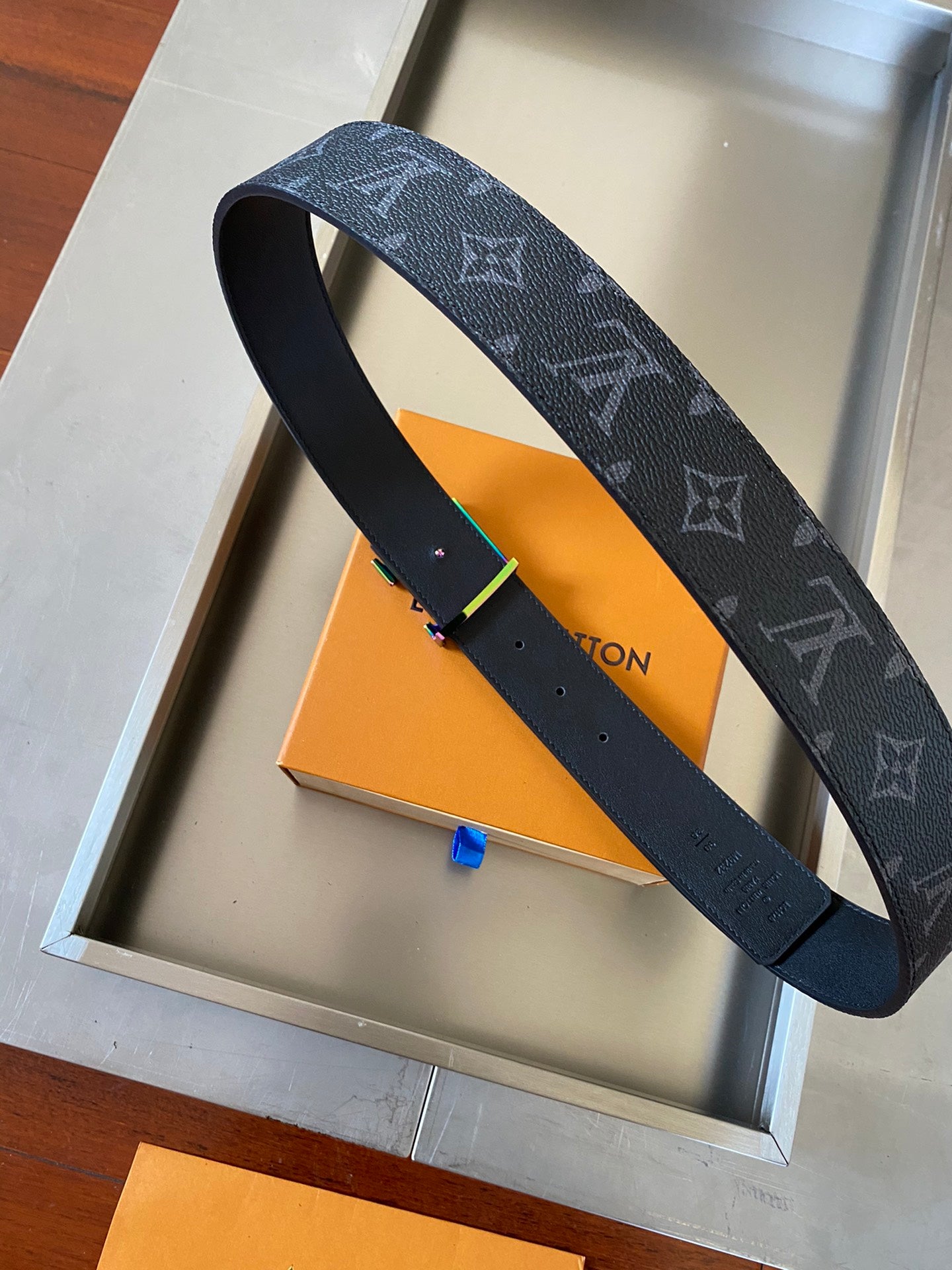 Louis Vuitton Men's LV Initials 40mm Belt Monogram Eclipse with Neon Pink and Blue Gradient Buckle