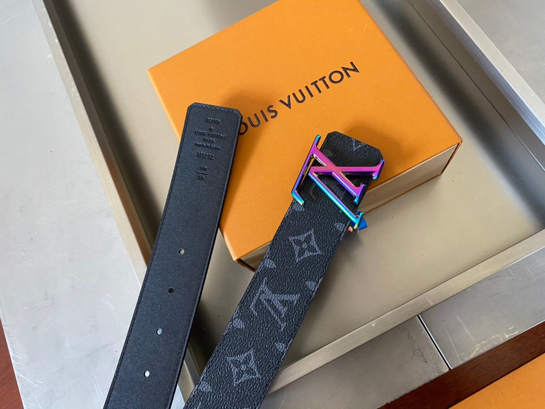 Louis Vuitton Men's LV Initials 40mm Belt Monogram Eclipse with Neon Pink and Blue Gradient Buckle