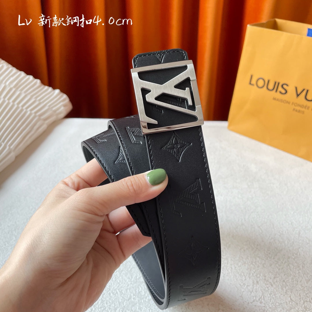 Louis Vuitton Monogram Eclipse 40mm Belt - Black Leather with Silver LV Initial Buckle