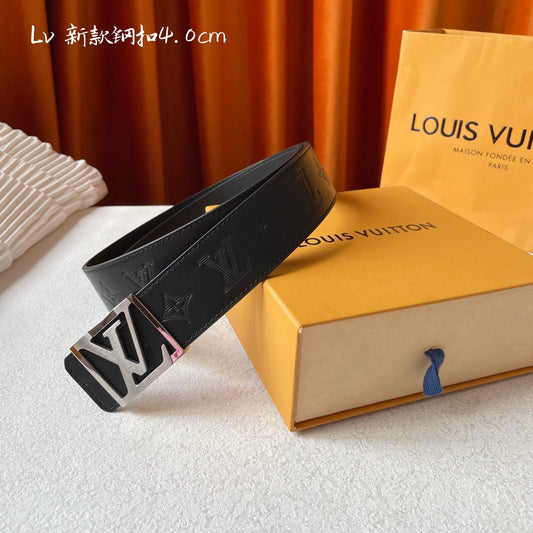 Louis Vuitton Monogram Eclipse 40mm Belt - Black Leather with Silver LV Initial Buckle