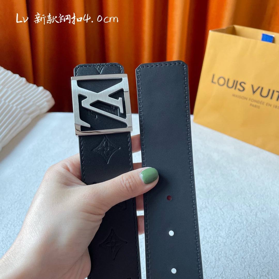 Louis Vuitton Monogram Eclipse 40mm Belt - Black Leather with Silver LV Initial Buckle