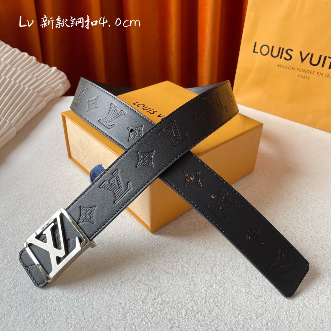 Louis Vuitton Monogram Eclipse 40mm Belt - Black Leather with Silver LV Initial Buckle