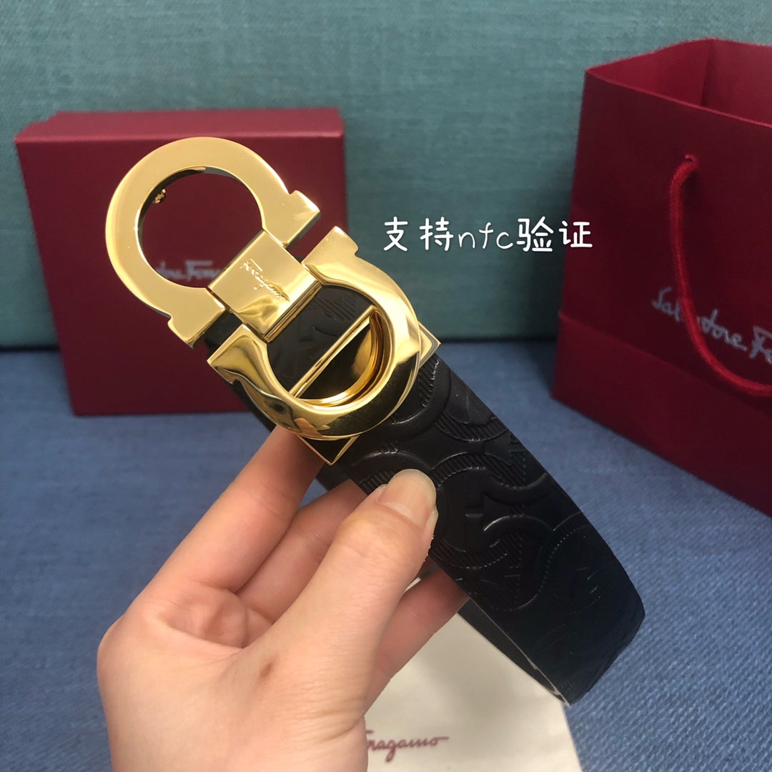 Salvatore Ferragamo Men's Gancini Monogram Embossed Leather Belt with Gold Buckle, Black