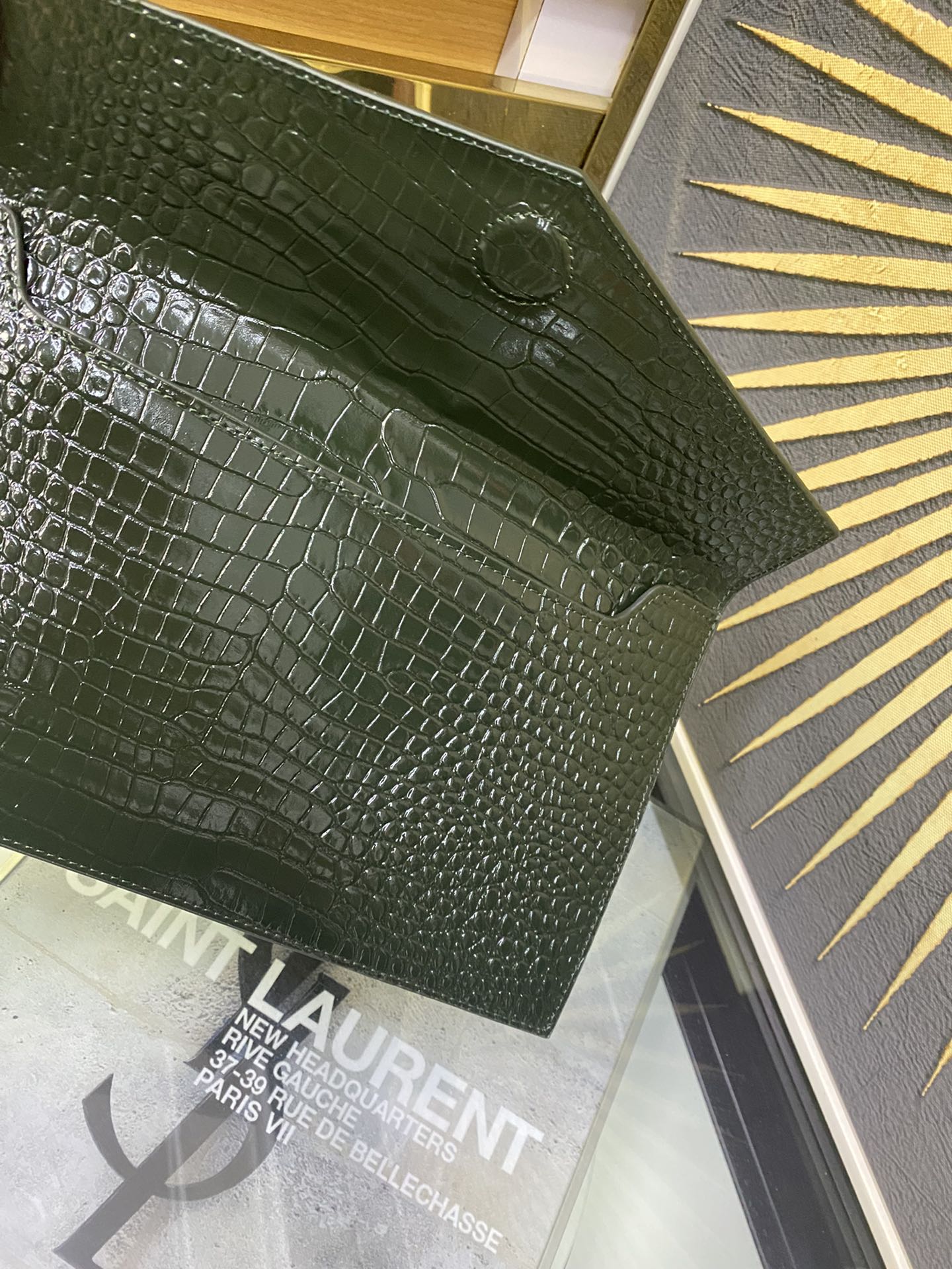 Saint Laurent Cassandre Envelope Clutch in Crocodile-Embossed Leather - Dark Green