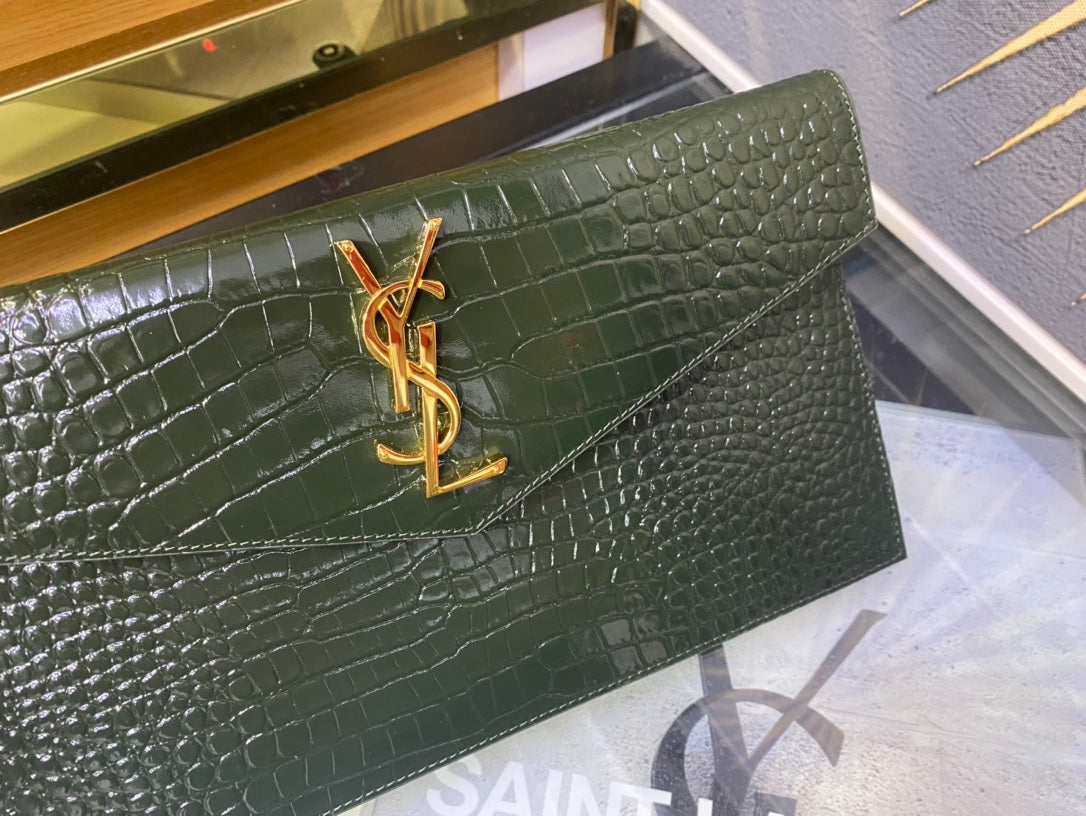 Saint Laurent Cassandre Envelope Clutch in Crocodile-Embossed Leather - Dark Green