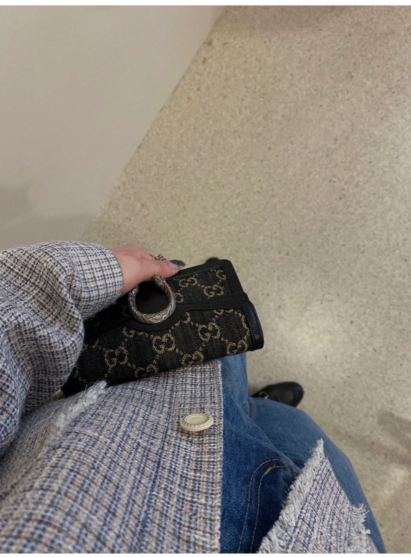 Gucci Dionysus Super Mini Bag GG Supreme Canvas Black Leather