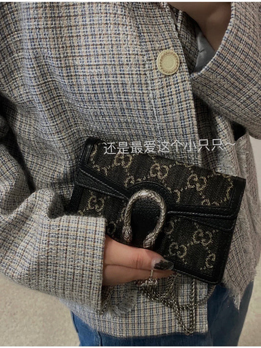 Gucci Dionysus Super Mini Bag GG Supreme Canvas Black Leather
