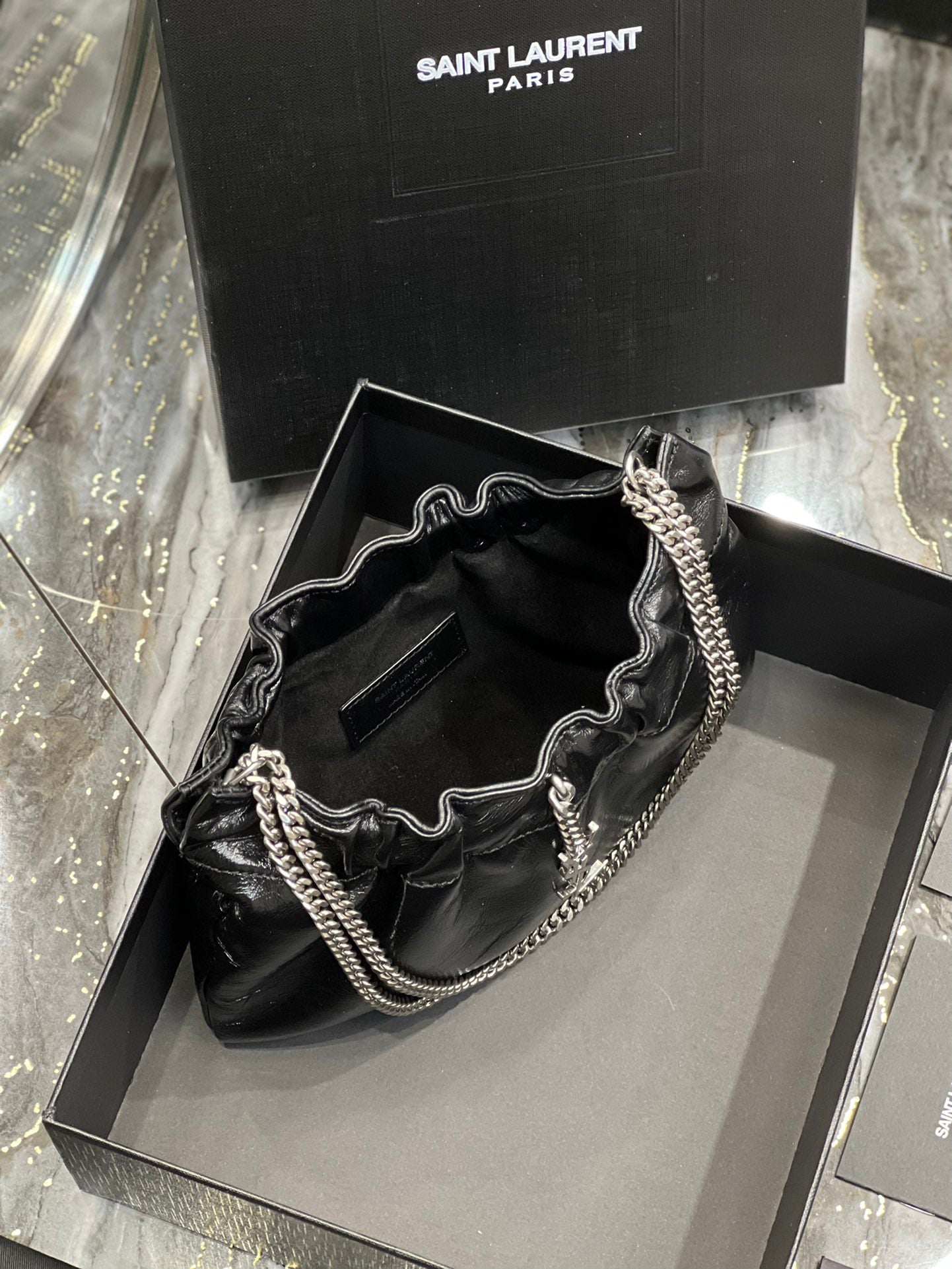 Saint Laurent Black Leather Mini Pouch Bag with Silver Chain and YSL Charm