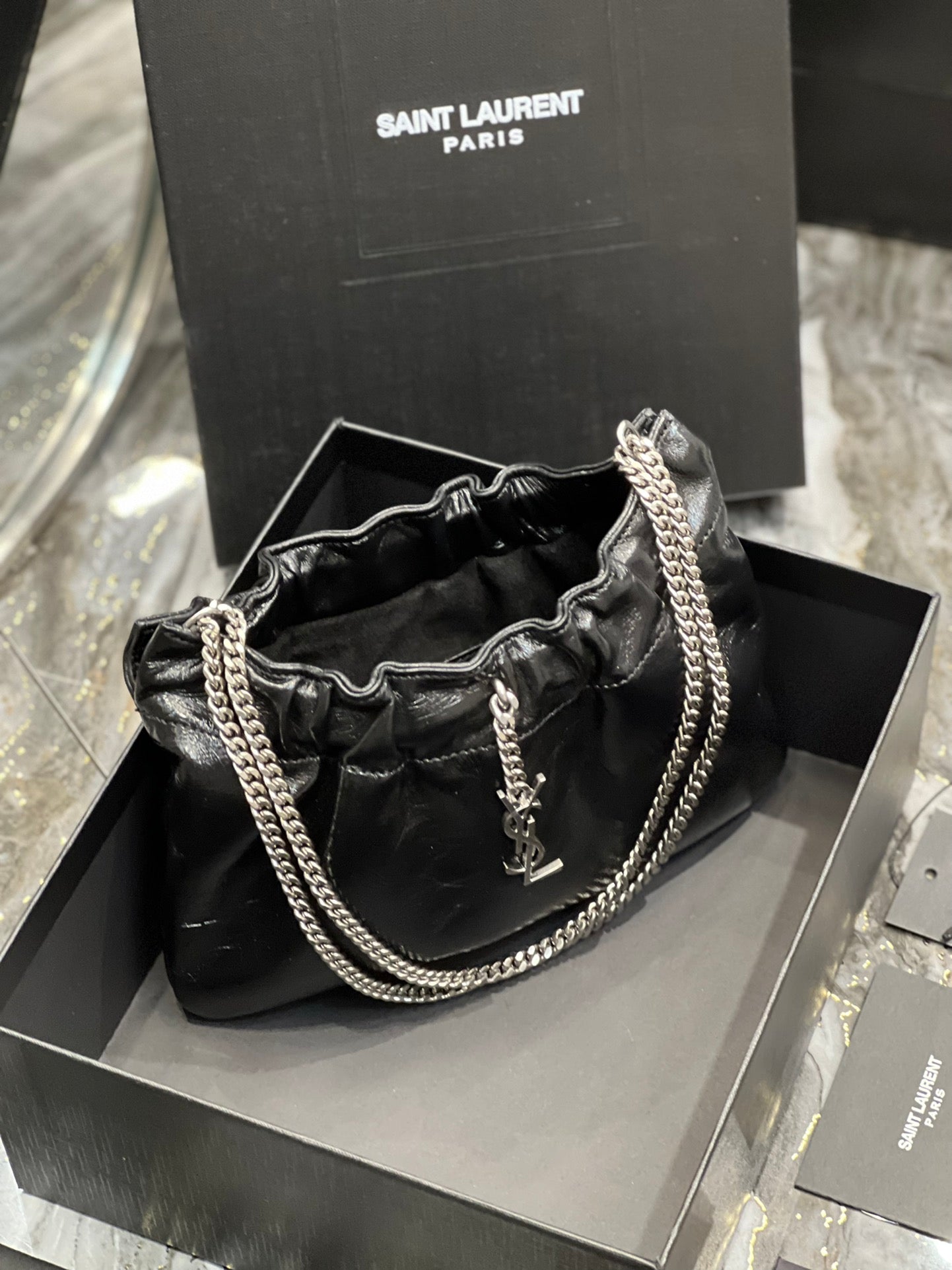 Saint Laurent Black Leather Mini Pouch Bag with Silver Chain and YSL Charm