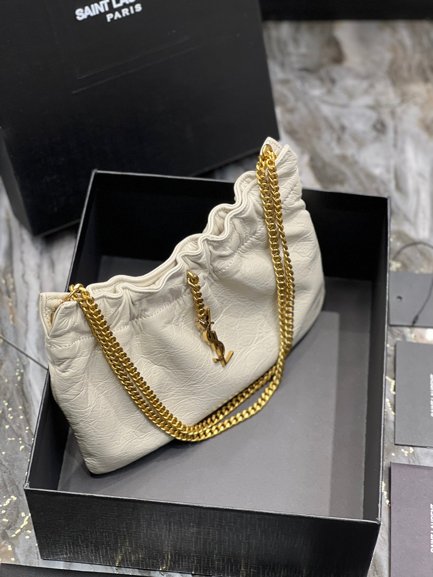 Saint Laurent YSL Mini Pouch in White Leather with Gold-Tone Chain Strap