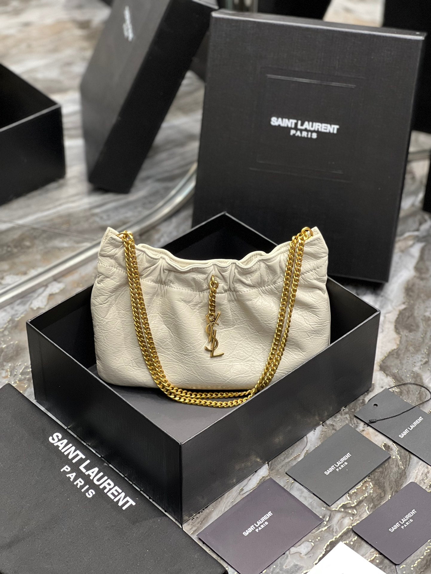 Saint Laurent YSL Mini Pouch in White Leather with Gold-Tone Chain Strap