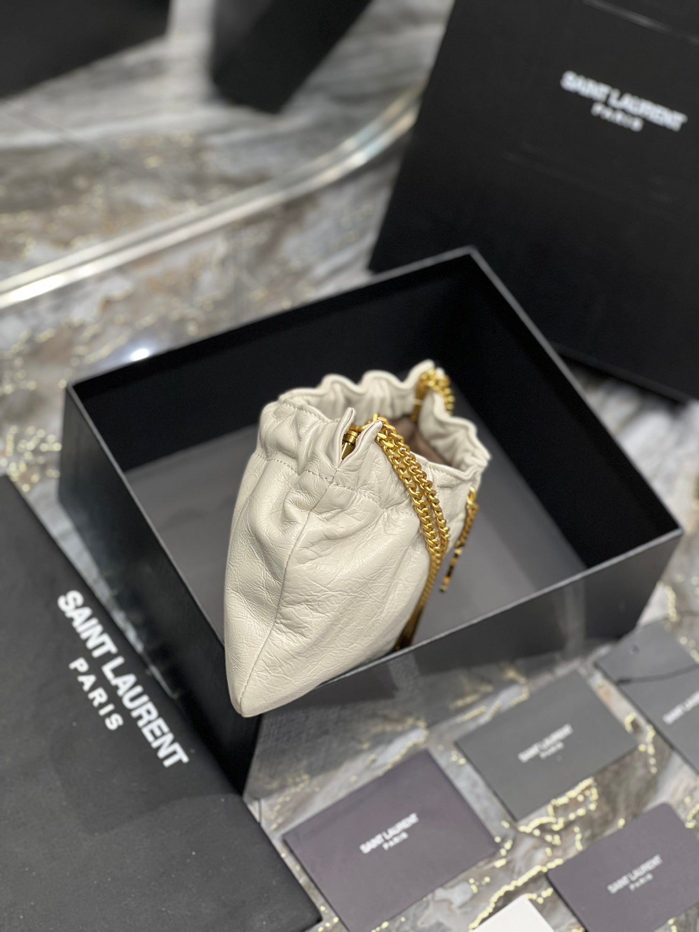 Saint Laurent YSL Mini Pouch in White Leather with Gold-Tone Chain Strap