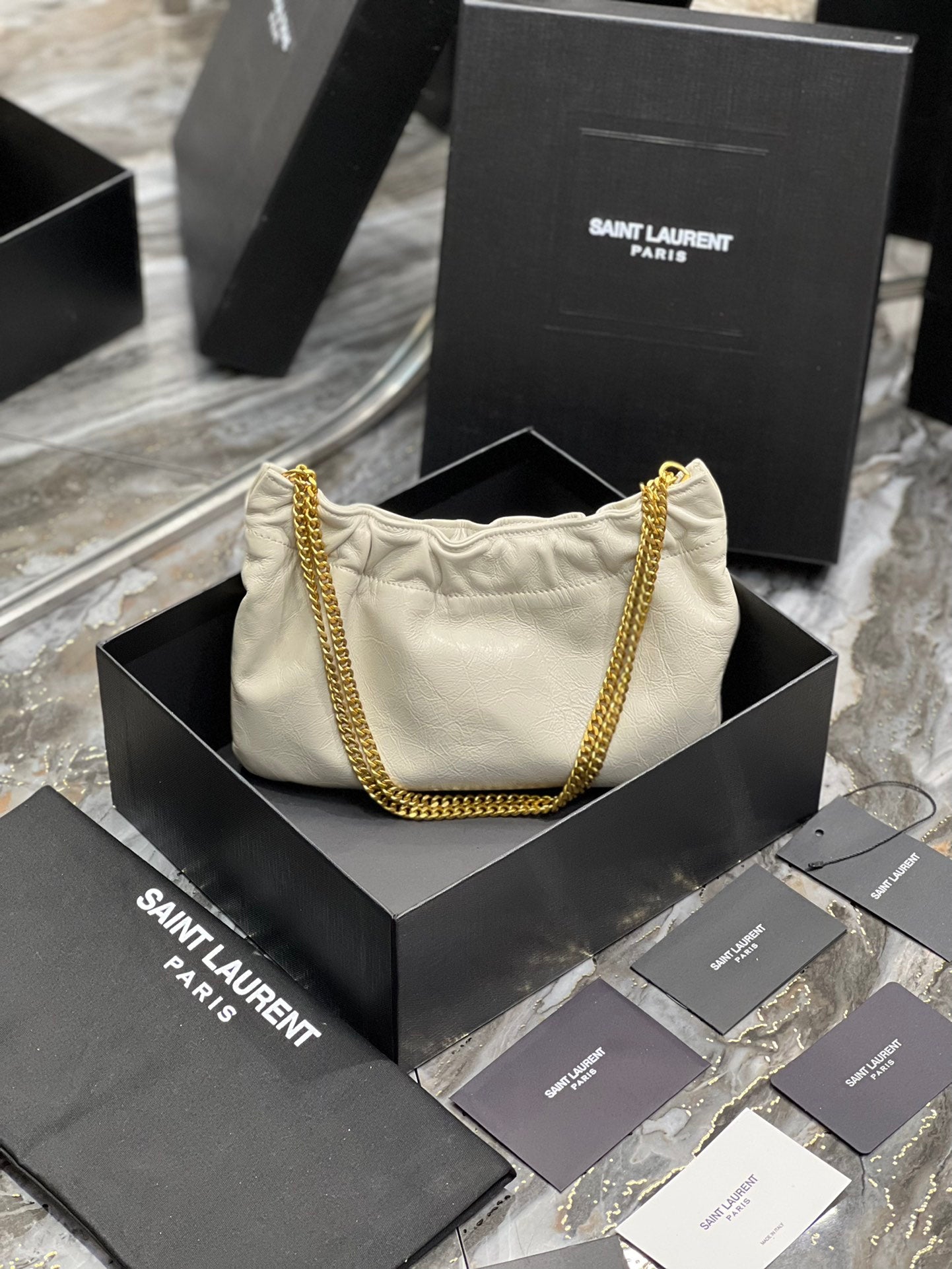 Saint Laurent YSL Mini Pouch in White Leather with Gold-Tone Chain Strap