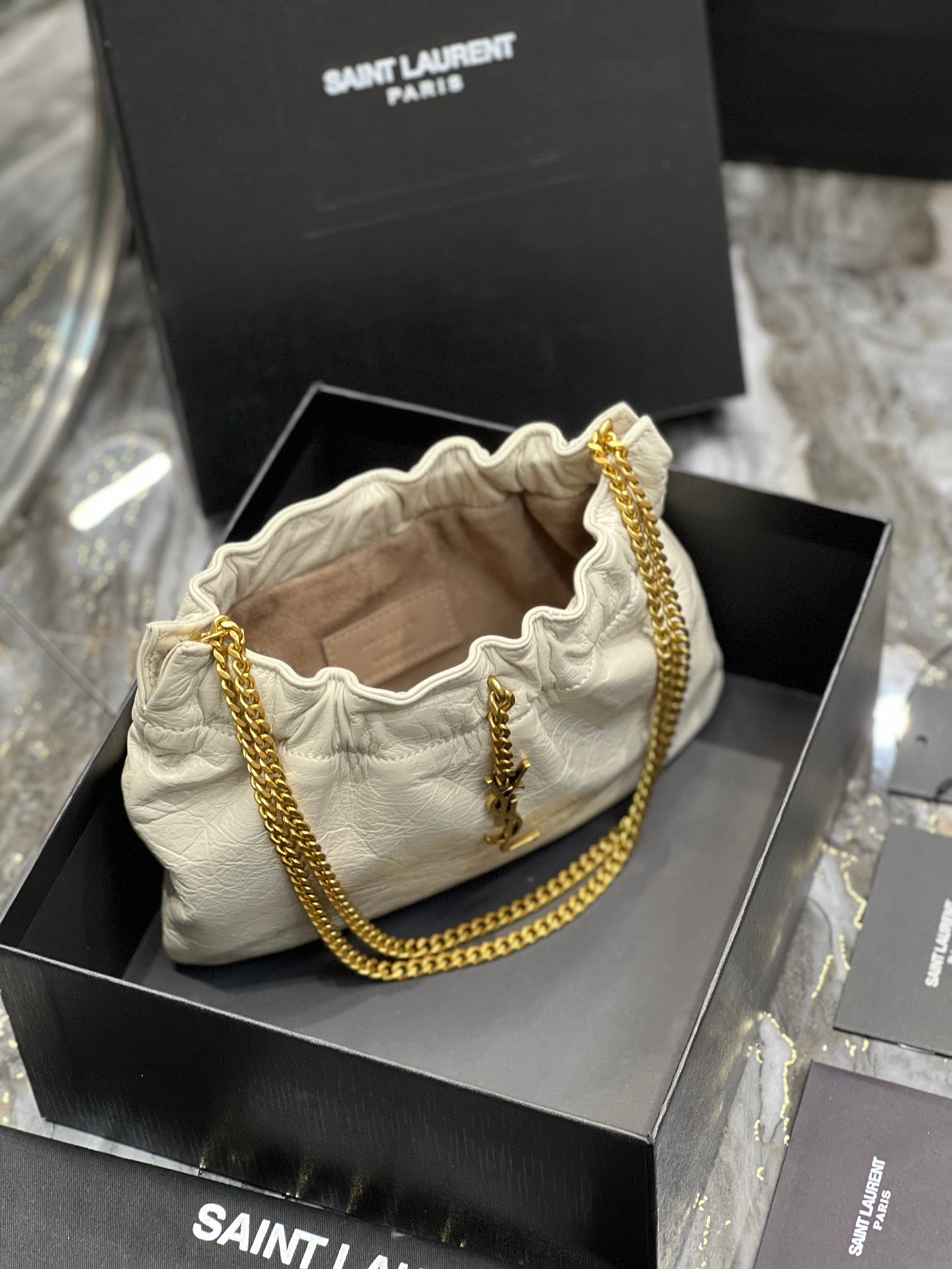 Saint Laurent YSL Mini Pouch in White Leather with Gold-Tone Chain Strap