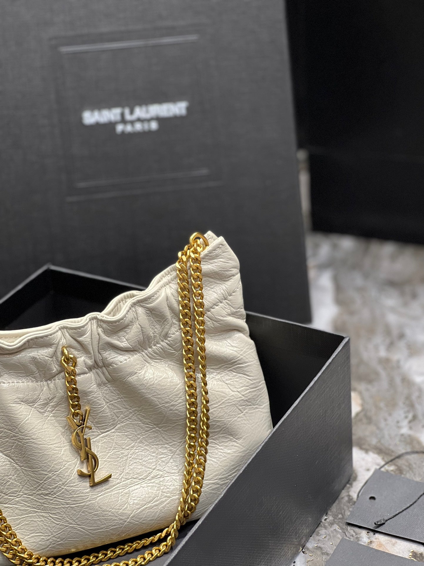 Saint Laurent YSL Mini Pouch in White Leather with Gold-Tone Chain Strap