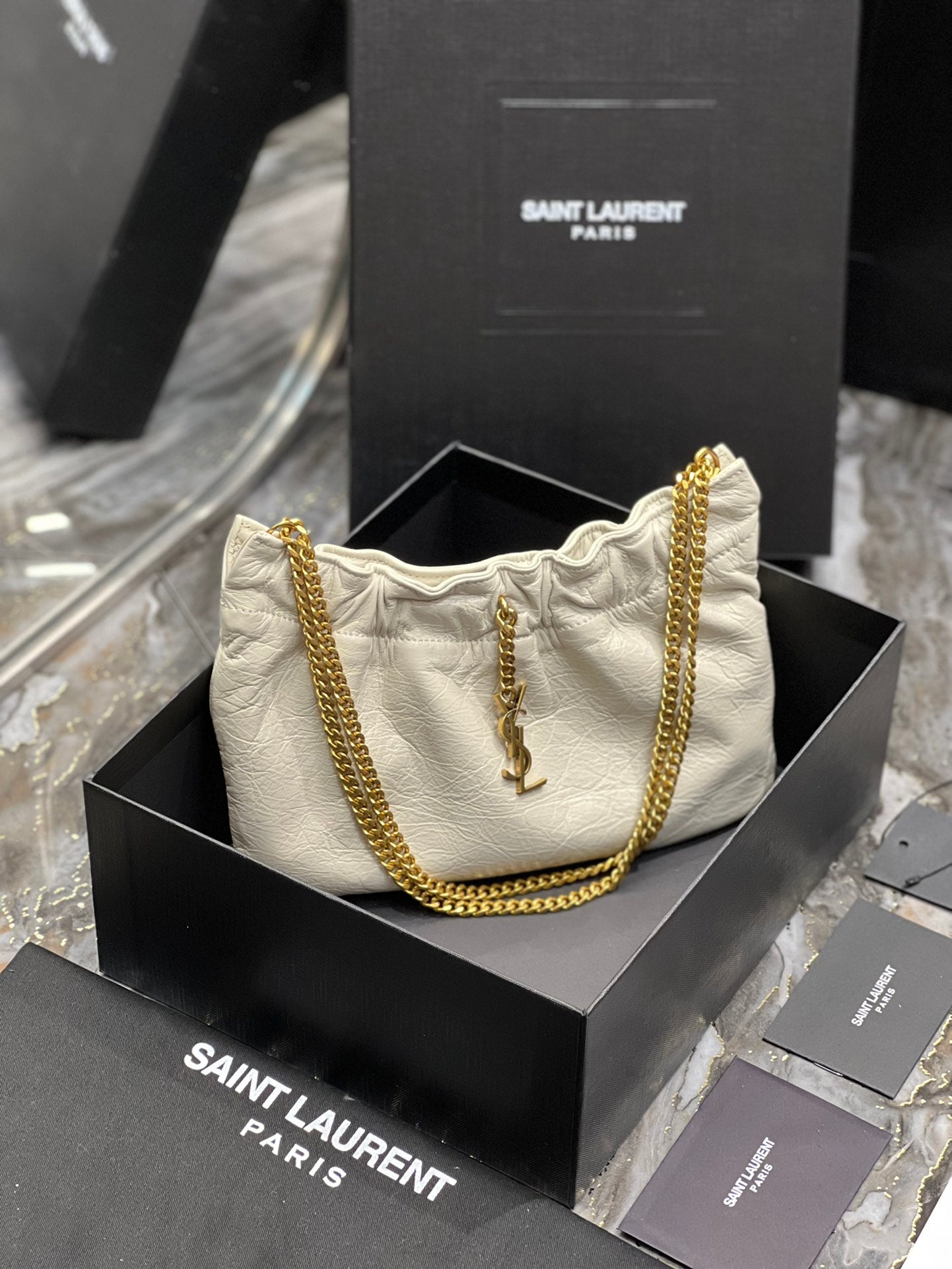 Saint Laurent YSL Mini Pouch in White Leather with Gold-Tone Chain Strap