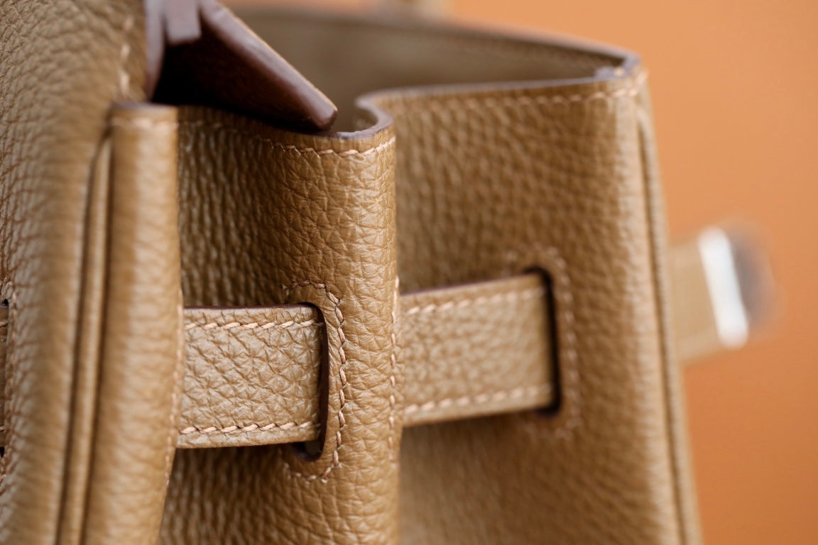 Elegant Taupe Leather Handbag - Classic Birkin Style Top Handle Tote