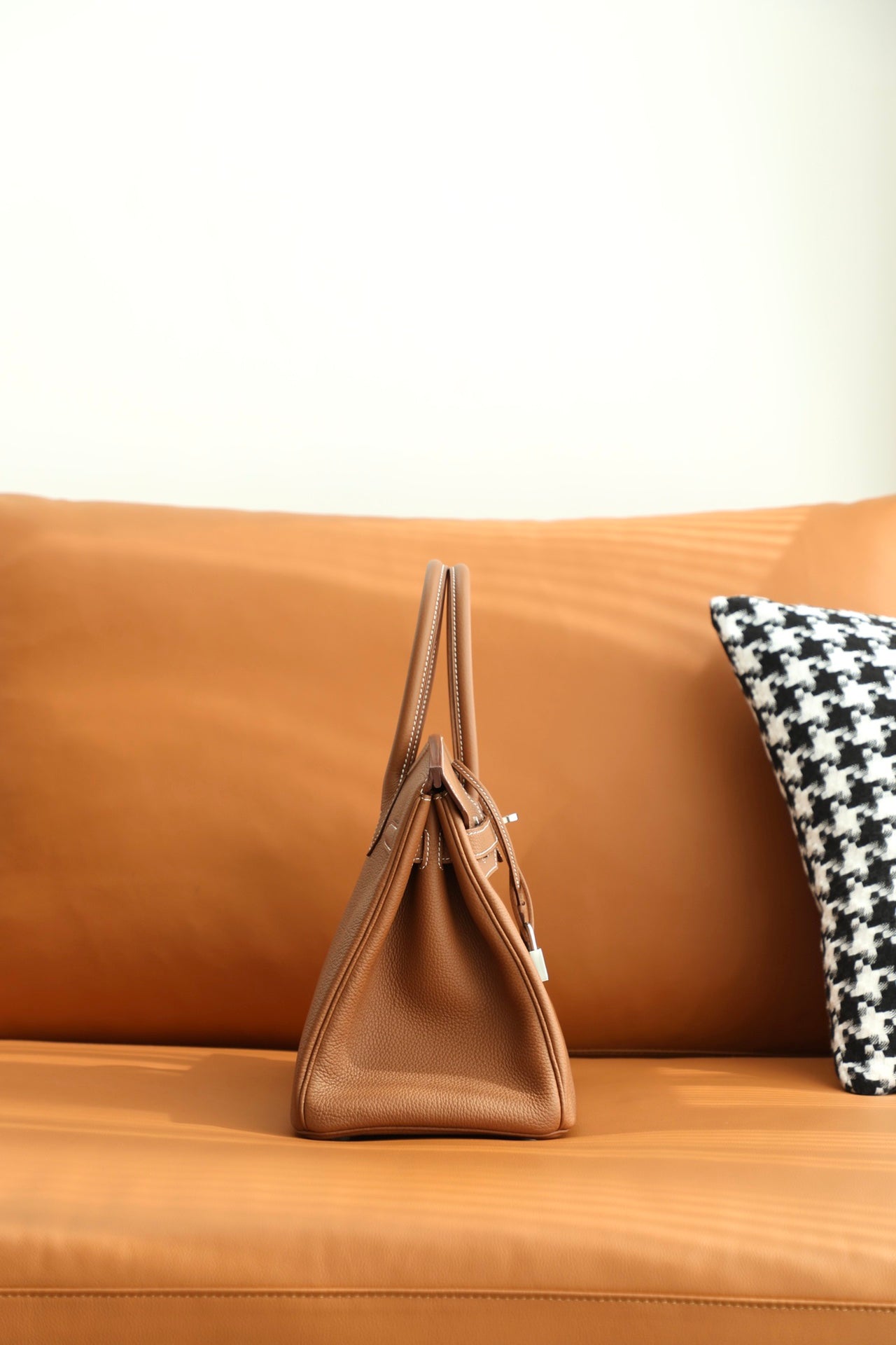 Tan Grained Leather Top Handle Satchel Handbag with Silver Padlock