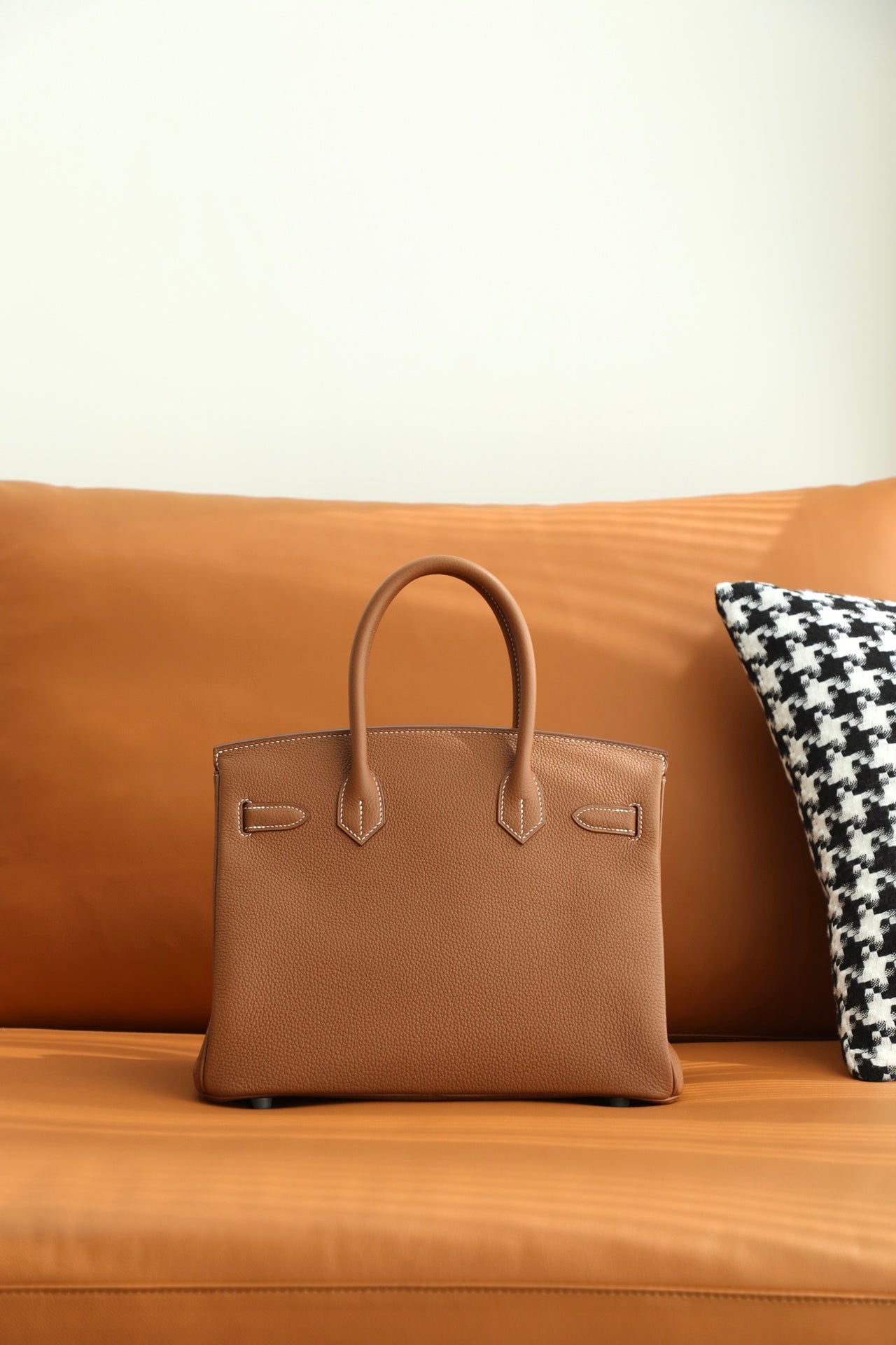 Tan Grained Leather Top Handle Satchel Handbag with Silver Padlock