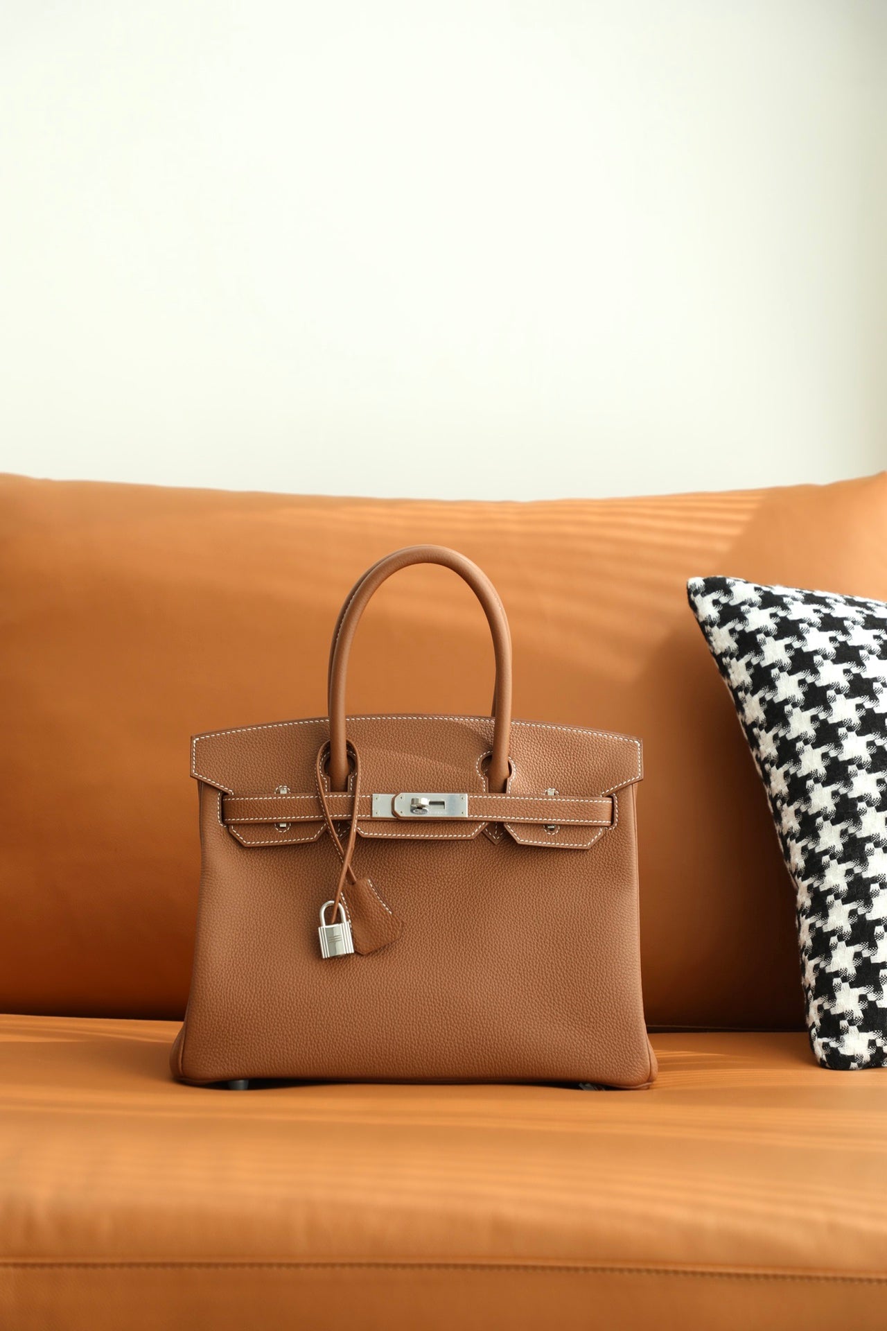 Tan Grained Leather Top Handle Satchel Handbag with Silver Padlock