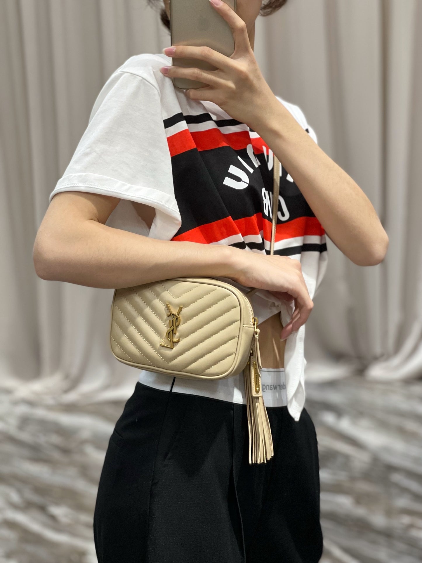 Saint Laurent Lou Mini Quilted Leather Camera Bag in Beige