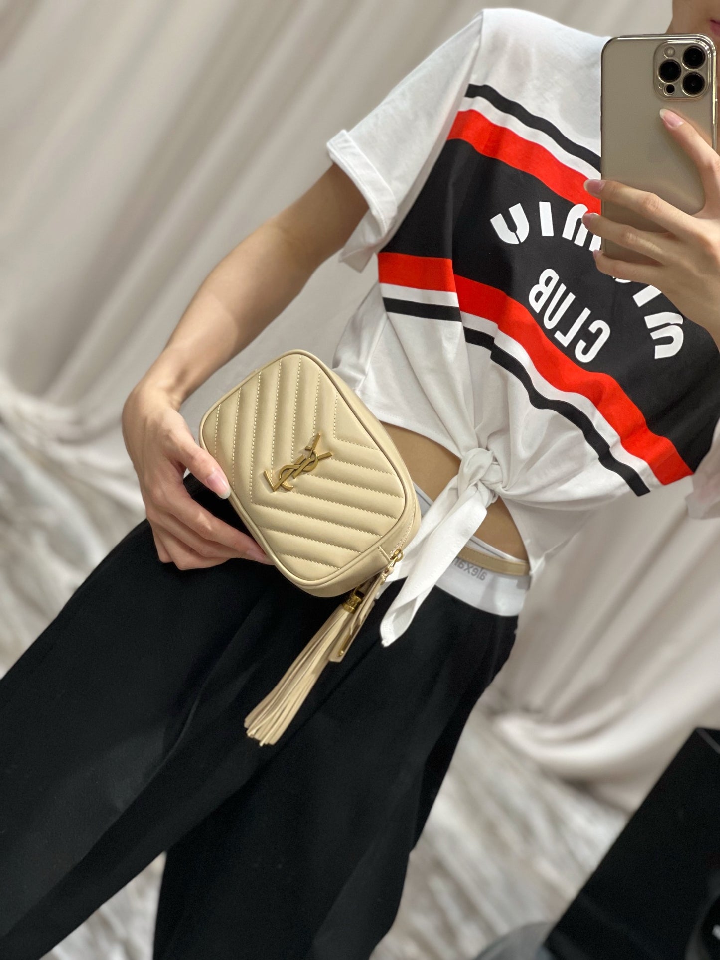 Saint Laurent Lou Mini Quilted Leather Camera Bag in Beige