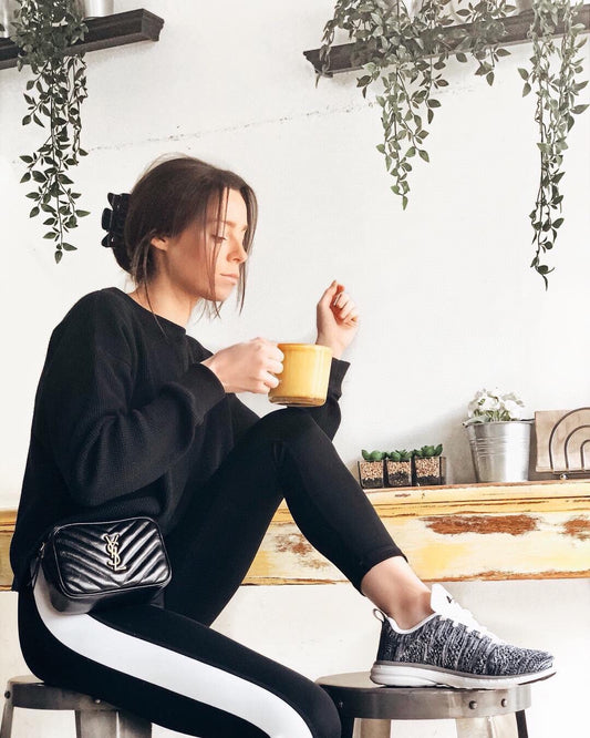 Women's Athleisure Look - Side Stripe Leggings and Patterned Performance Sneakers