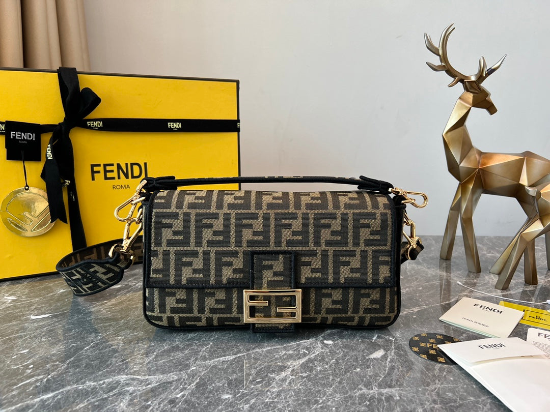 Fendi Baguette Bag FF Motif Fabric with Gold Hardware