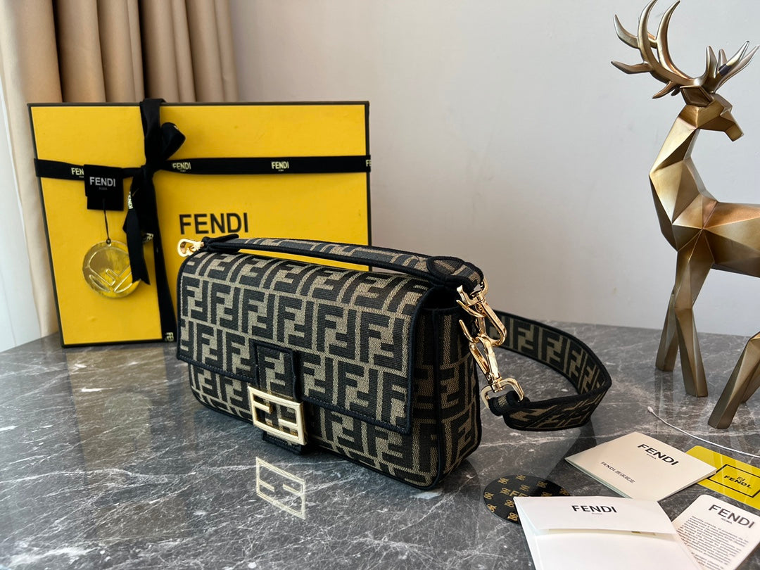 Fendi Baguette Bag FF Motif Fabric with Gold Hardware