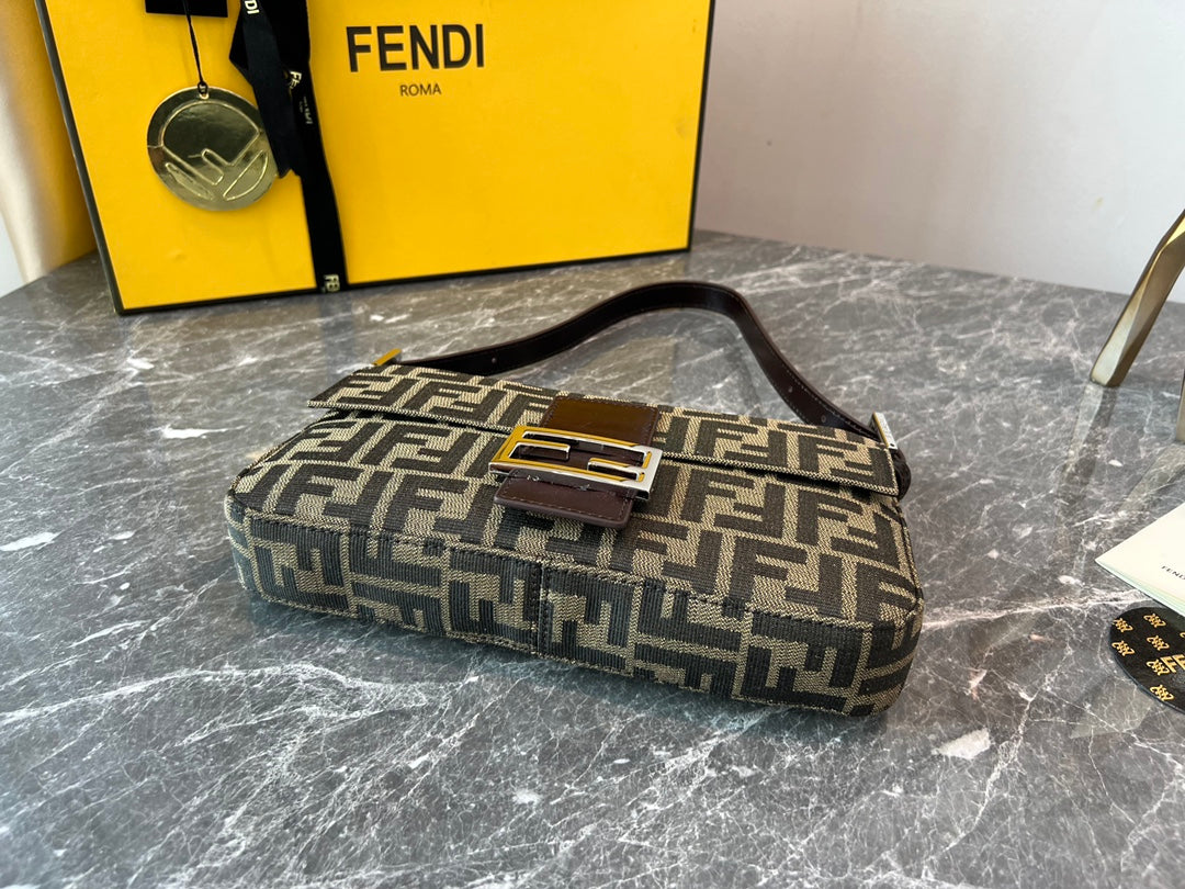 Fendi FF Monogram Canvas Baguette Shoulder Bag with Silver-Tone Hardware