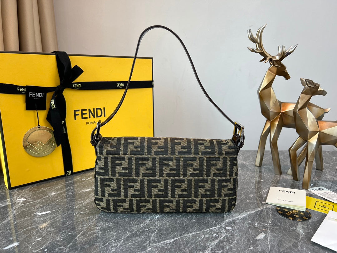 Fendi FF Monogram Canvas Baguette Shoulder Bag with Silver-Tone Hardware