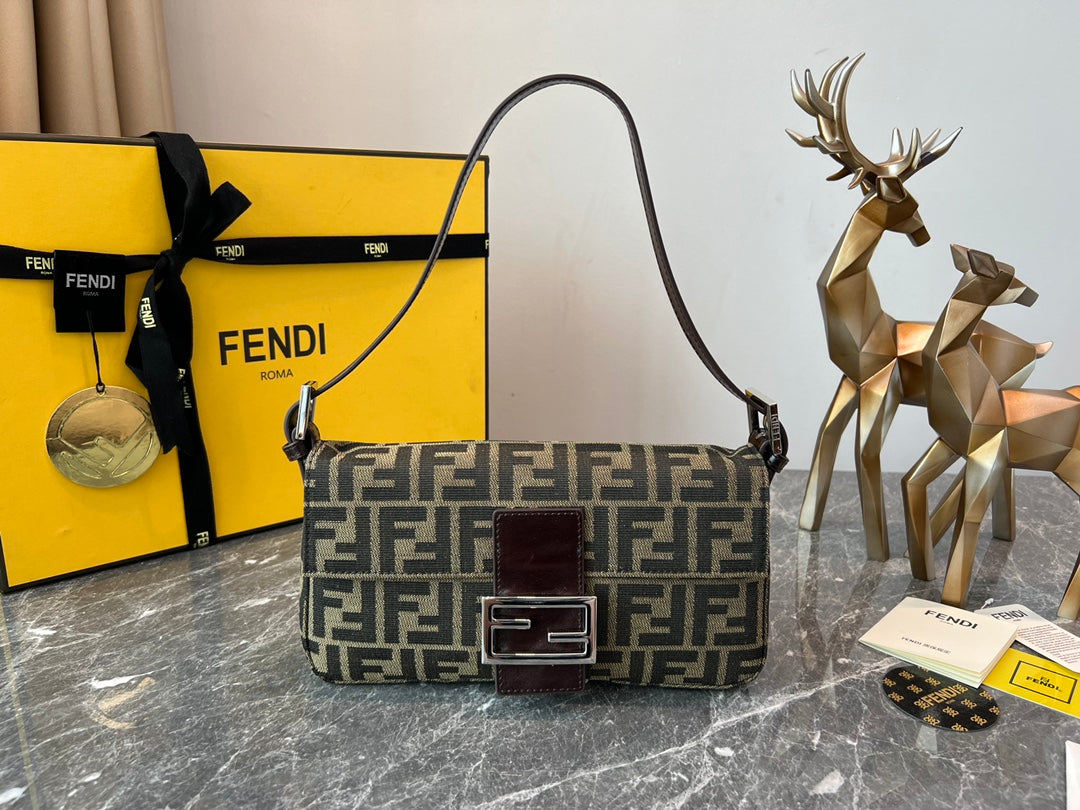 Fendi FF Monogram Canvas Baguette Shoulder Bag with Silver-Tone Hardware