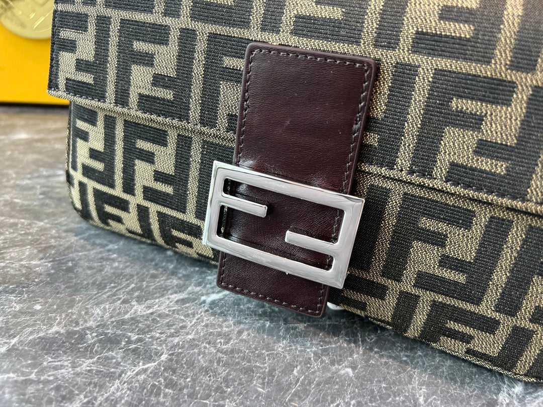 Fendi FF Monogram Canvas Baguette Shoulder Bag with Silver-Tone Hardware