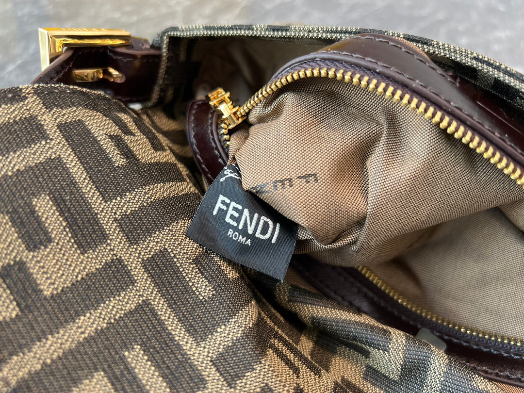Fendi Baguette FF Monogram Canvas Shoulder Bag with Gold Hardware