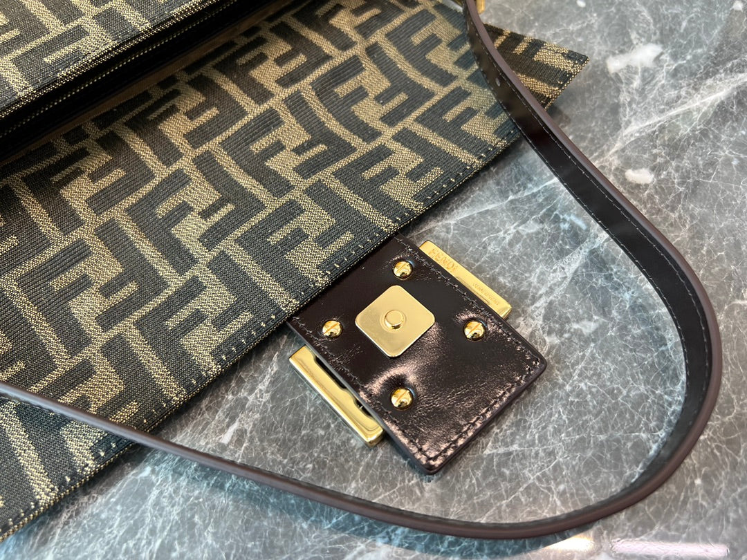 Fendi Baguette FF Monogram Canvas Shoulder Bag with Gold Hardware