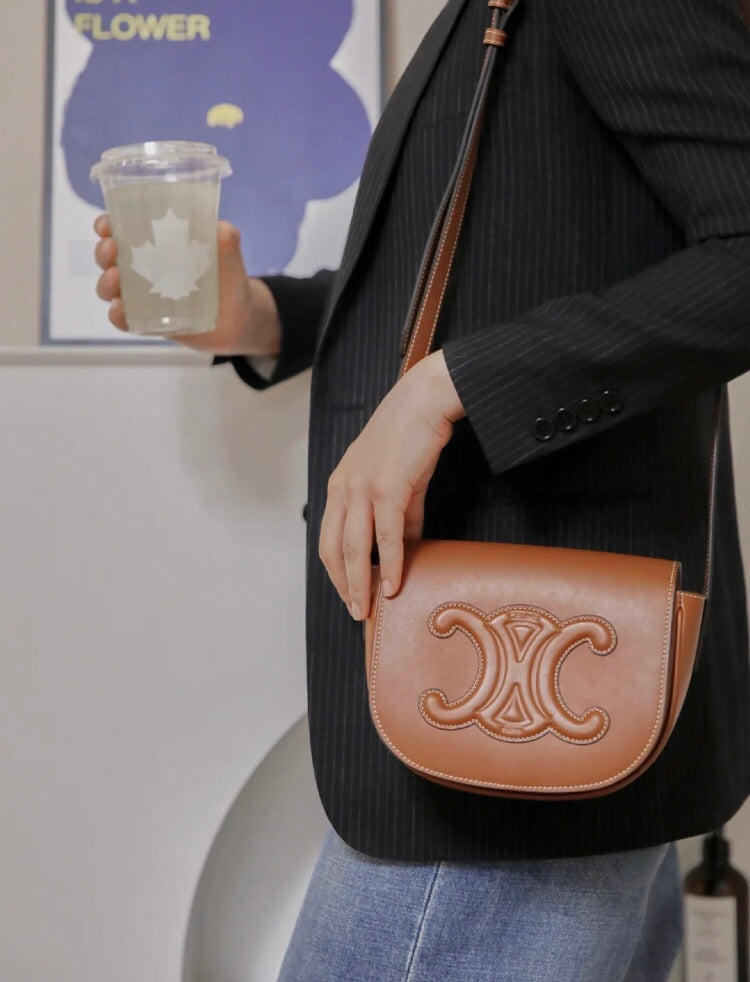 Celine Cuir Triomphe Folco Bag in Tan Leather