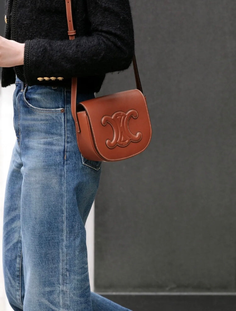 Celine Cuir Triomphe Folco Bag in Tan Leather