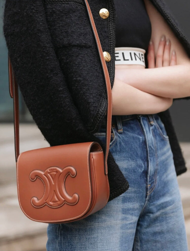 Celine Cuir Triomphe Folco Bag in Tan Leather
