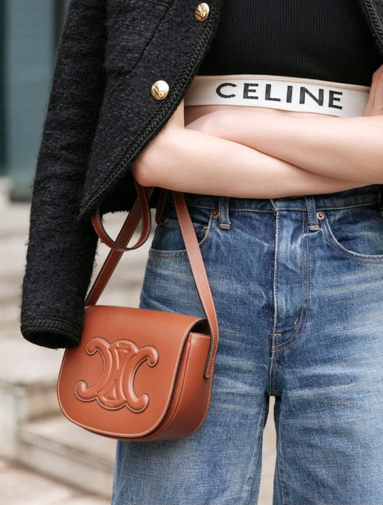Celine Cuir Triomphe Folco Bag in Tan Leather