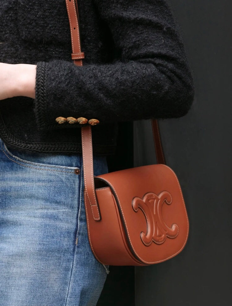 Celine Cuir Triomphe Folco Bag in Tan Leather