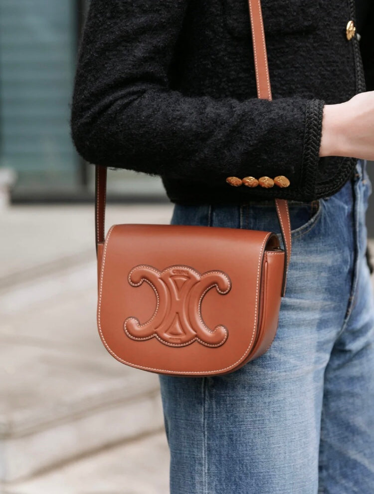 Celine Cuir Triomphe Folco Bag in Tan Leather