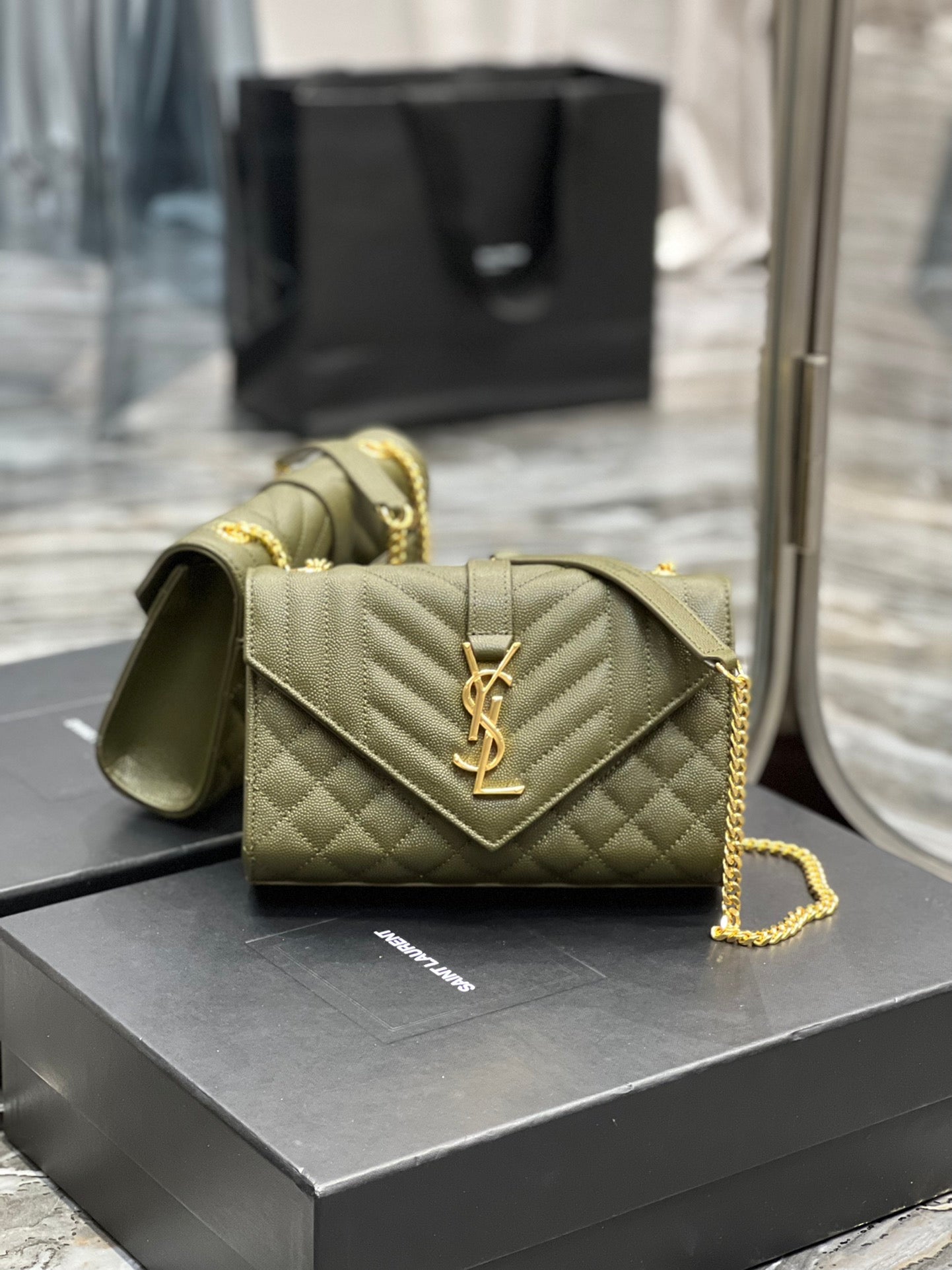 Saint Laurent Cassandre Matelassé Chain Wallet in Olive Green Quilted Leather