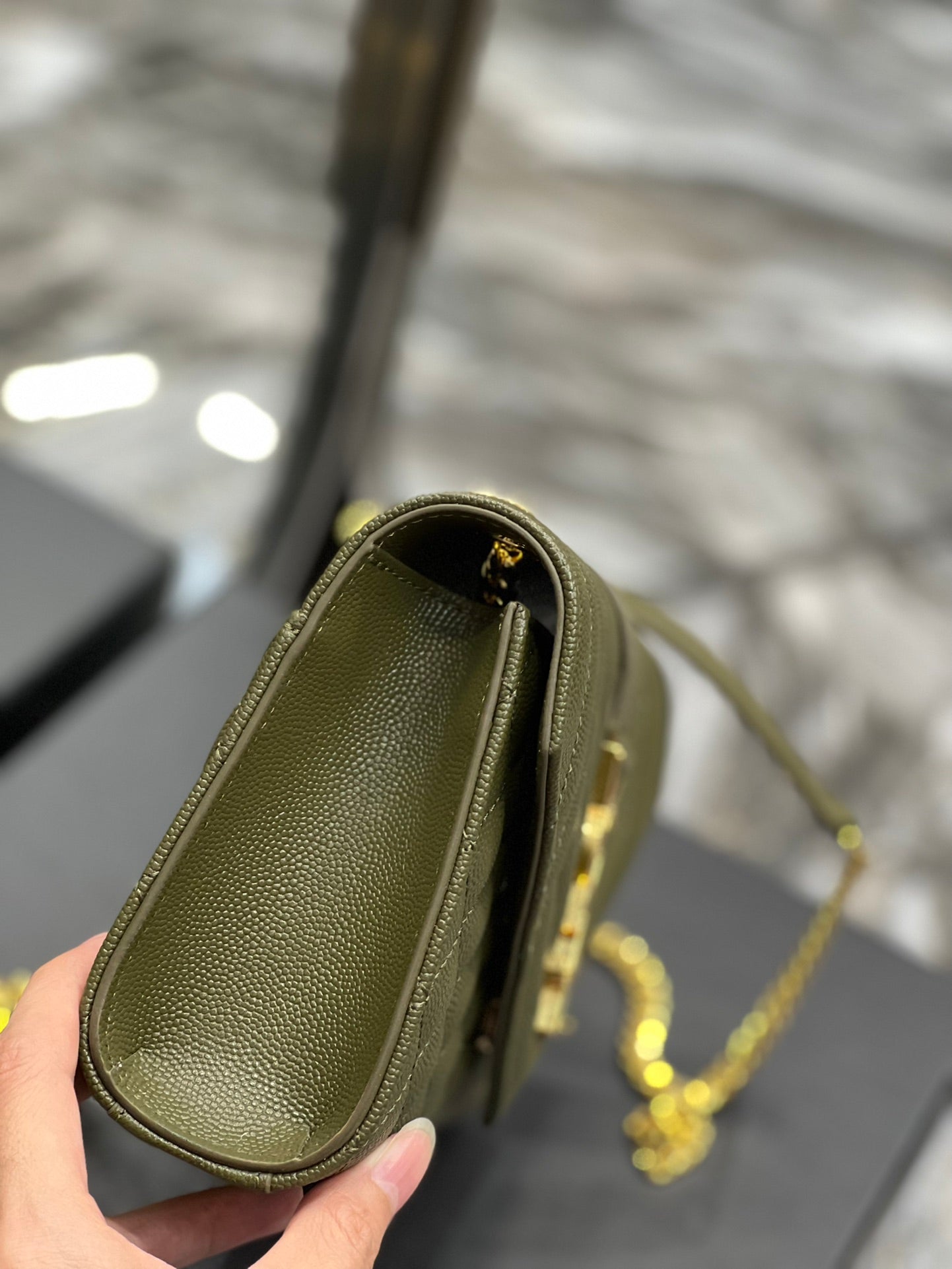 Saint Laurent Cassandre Matelassé Chain Wallet in Olive Green Quilted Leather