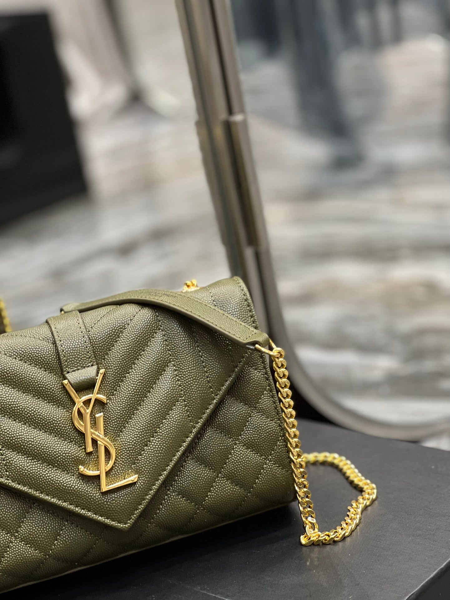 Saint Laurent Cassandre Matelassé Chain Wallet in Olive Green Quilted Leather