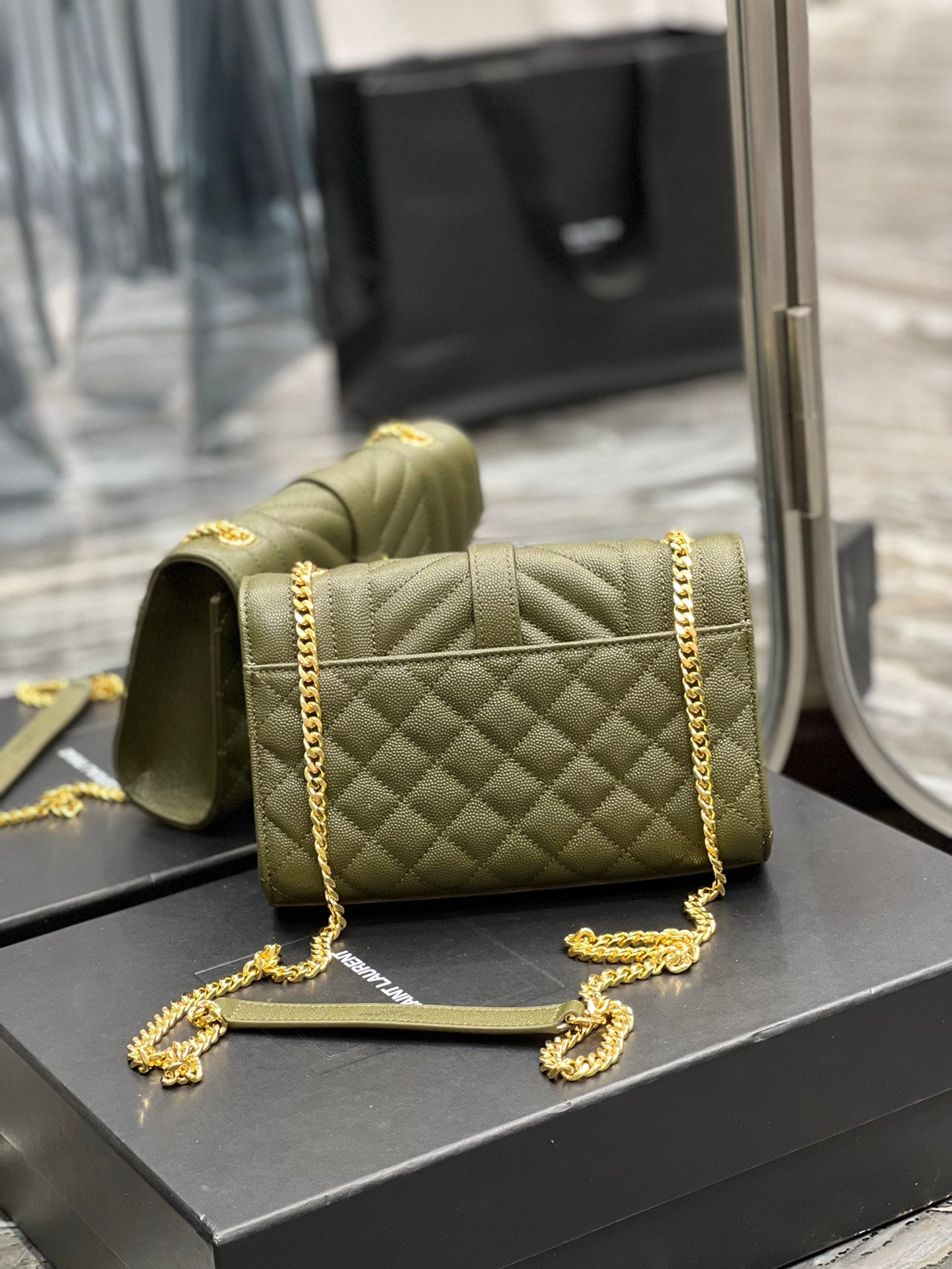 Saint Laurent Cassandre Matelassé Chain Wallet in Olive Green Quilted Leather