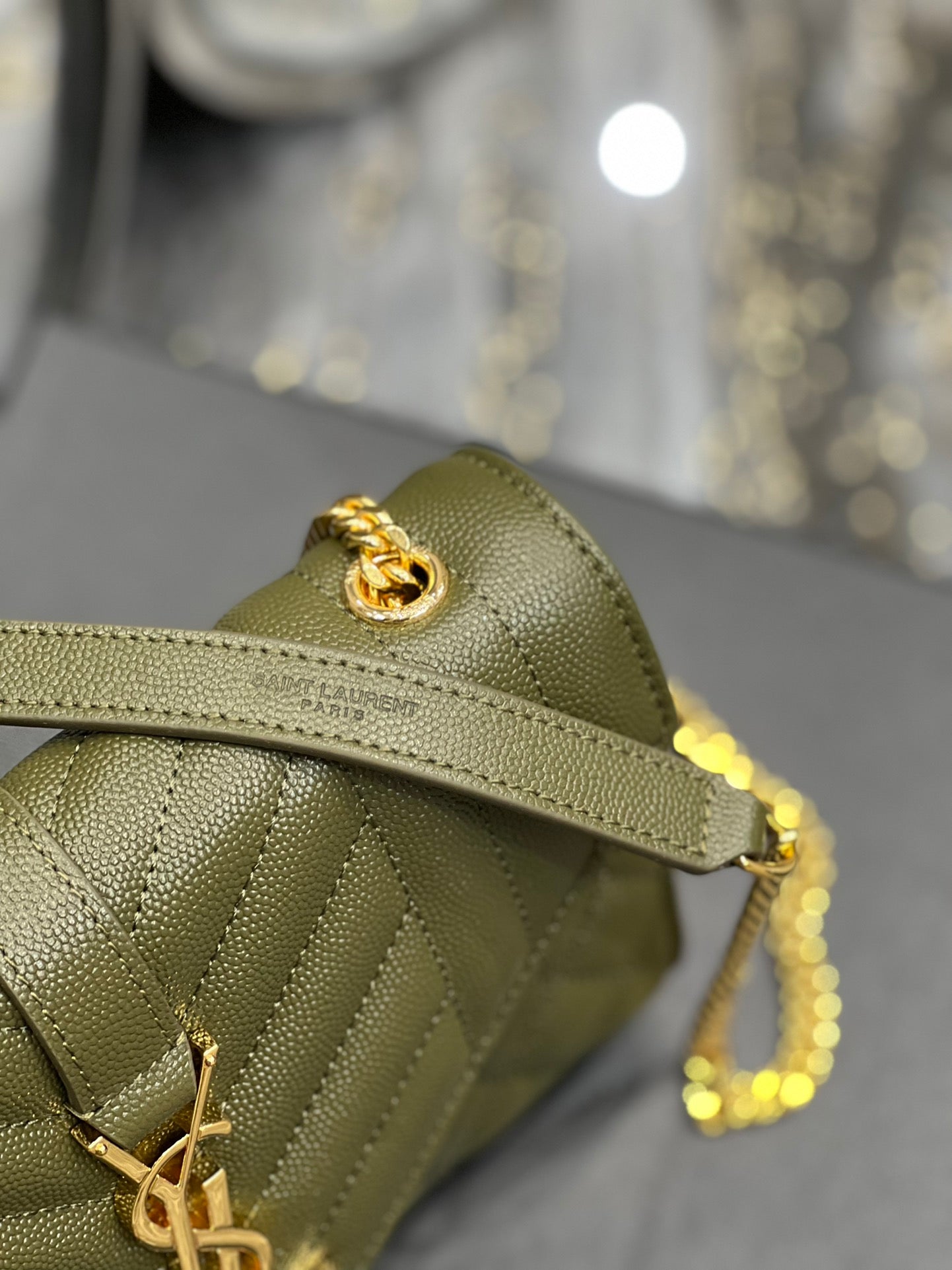 Saint Laurent Cassandre Matelassé Chain Wallet in Olive Green Quilted Leather