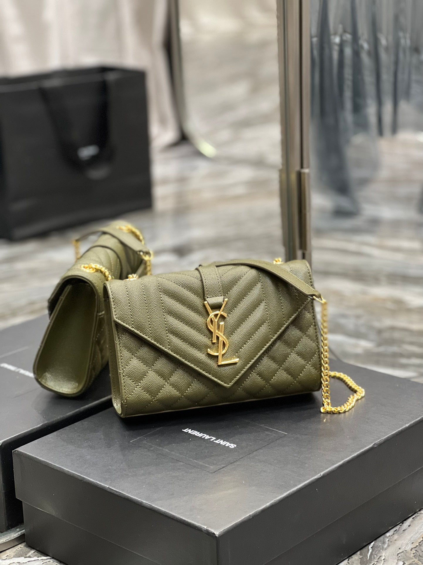 Saint Laurent Cassandre Matelassé Chain Wallet in Olive Green Quilted Leather