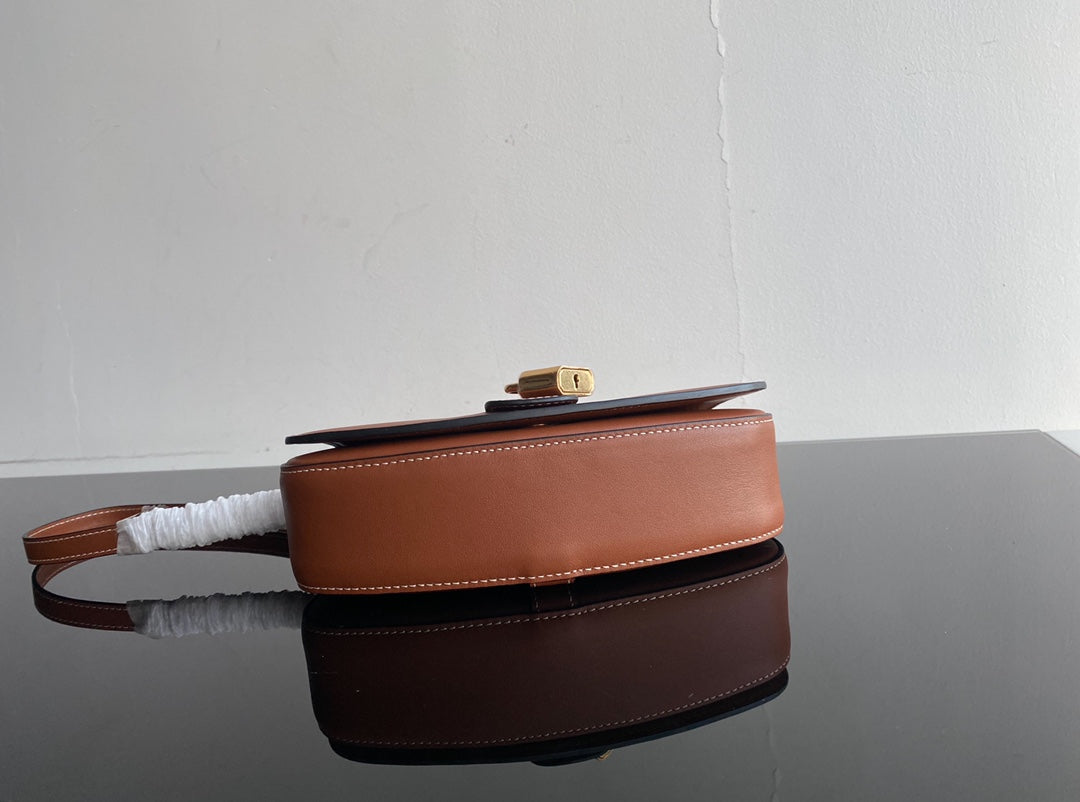 Small Brown Leather Shoulder Bag with Gold Padlock Closure