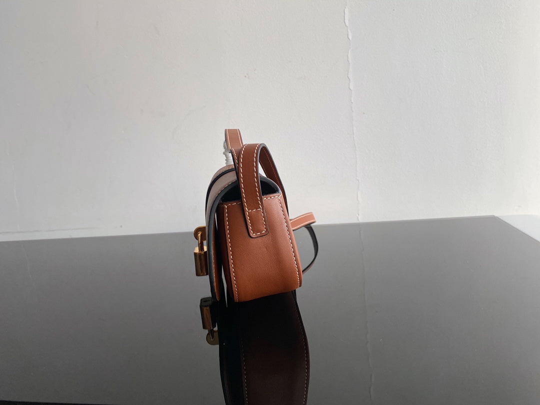 Small Brown Leather Shoulder Bag with Gold Padlock Closure
